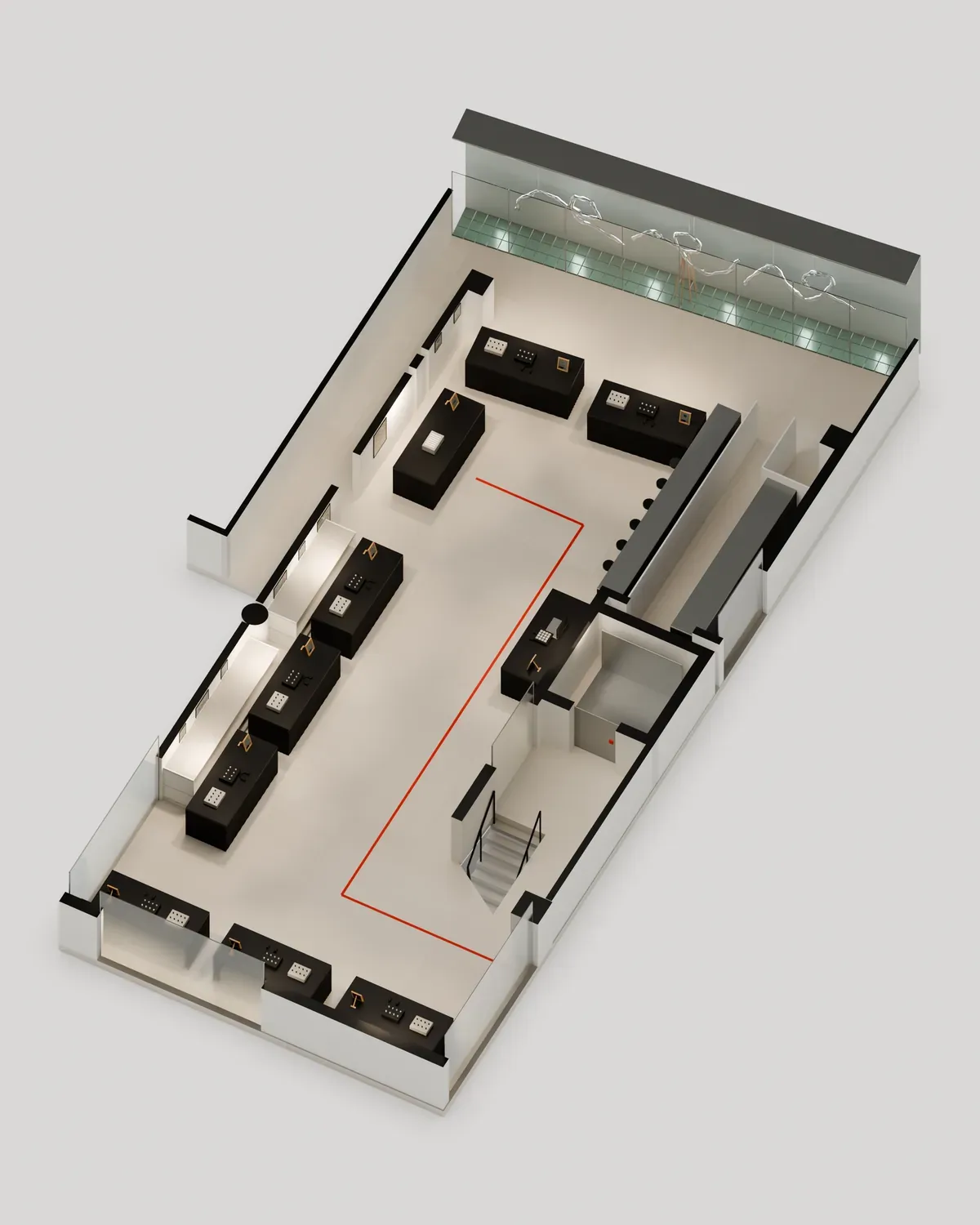 Top-down 3D map of the brand booth layout on 1F