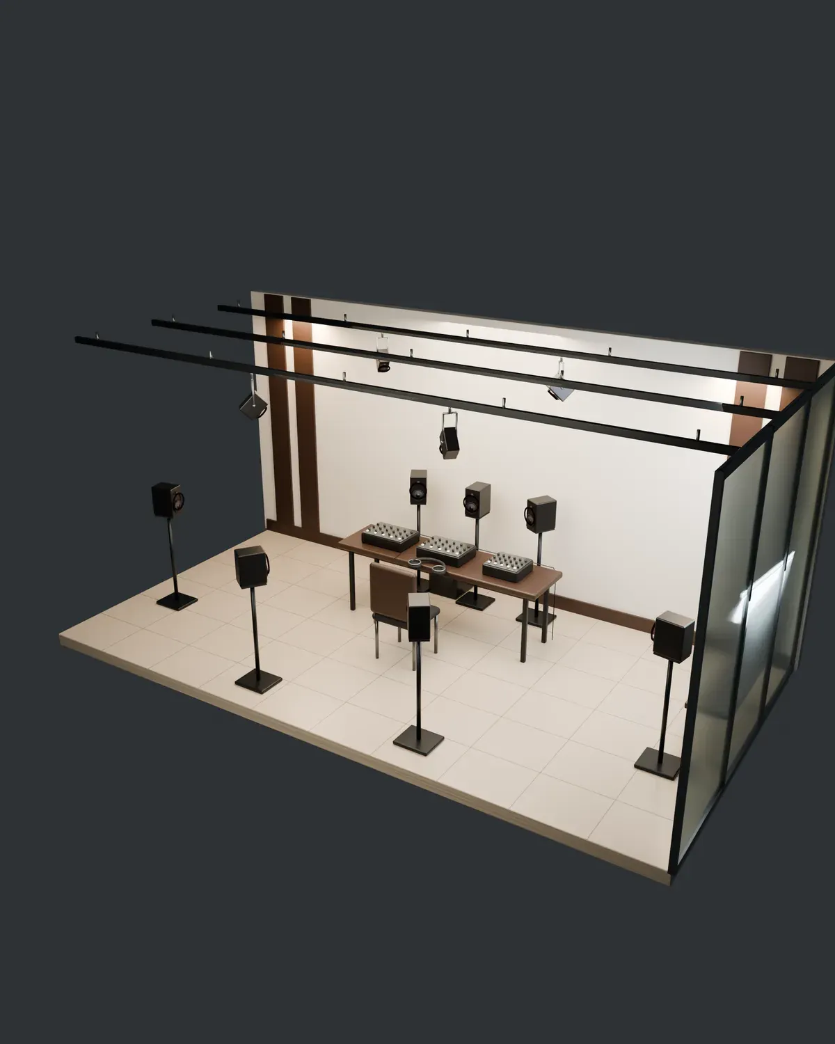 3D render of the 2F listening zone surrounded by twelve speakers