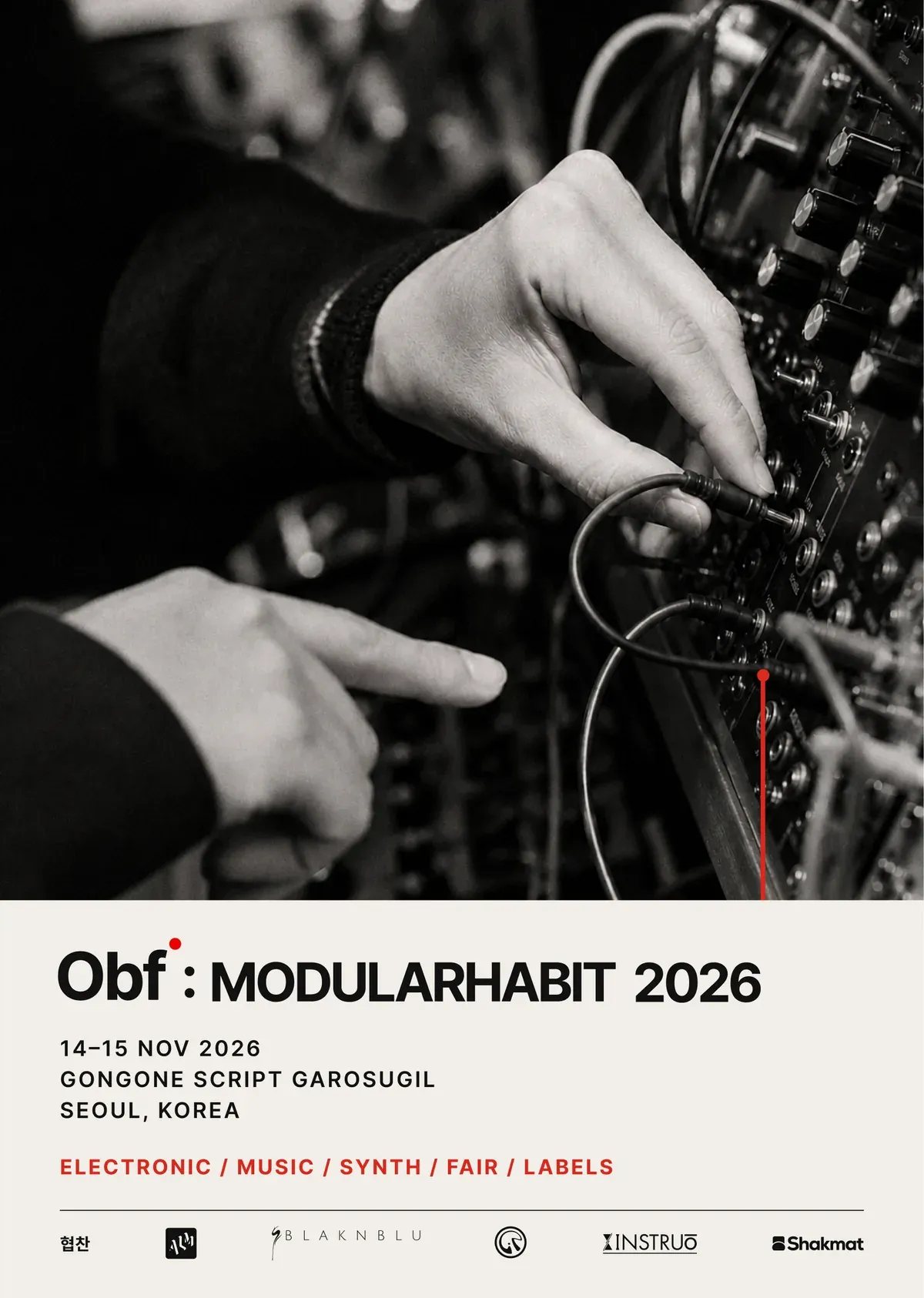 MODULARHABIT 2026 poster with a hand patching a cable into a modular synthesizer and a red vertical line