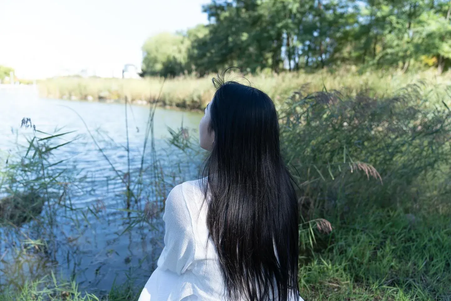 A figure seen from behind, sitting in the grass by the water